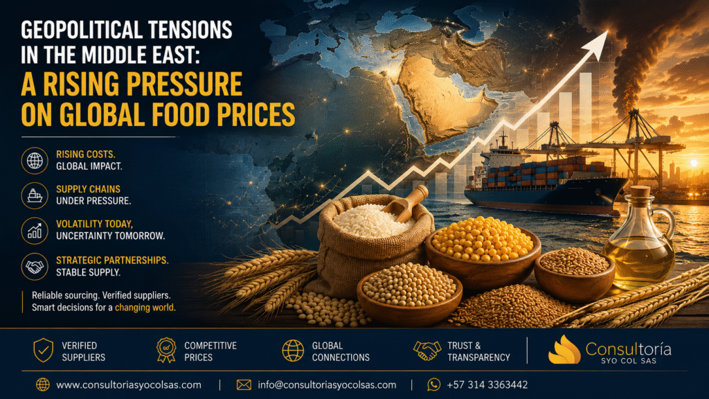 Global food prices rising due to Middle East geopolitical tensions affecting agricultural commodities and international trade.