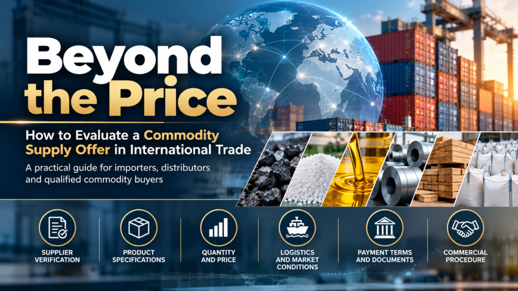 How to evaluate a commodity supply offer, including supplier verification, product specifications, logistics and payment terms